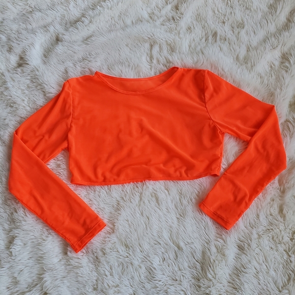 Neon Orange Sheer Long Sleeve Crop Top - Picture 1 of 4